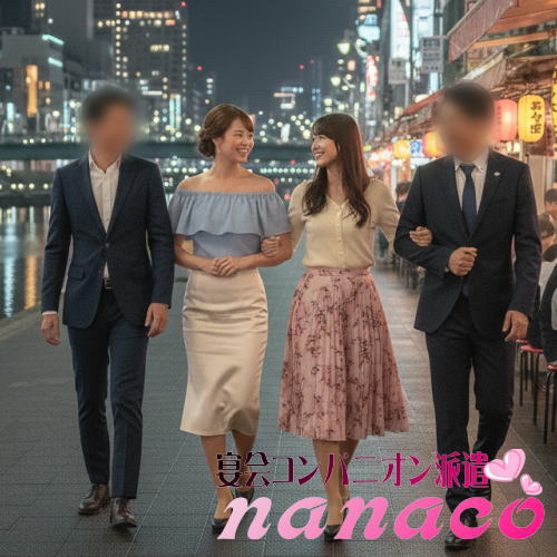 大阪市道頓堀で腕組みをして歩くコンパニオンとお客様